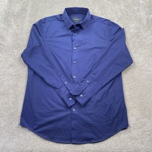 BUGATCHI Mens Navy Blue Cotton Tech 8 Way Stretch Dress Shirt Size L